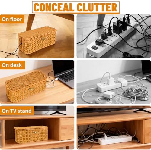 2 Pcs Handwoven Rattan Cable Management Box,Cord Organizer Box with Lid,Open-Slot Cord Hiding Basket,Decorative Storage 