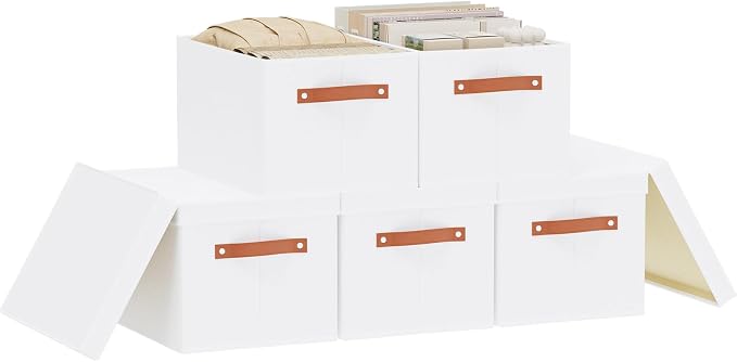 Fabric Storage Baskets,White Boxes,16.5x11.8x10.2In,5 Pack | Foldable Storage Bins with Lids,Shelves Organizers for Wardrobe,Bedroom,Decorative Closet Cubes for Shoes Towel Book