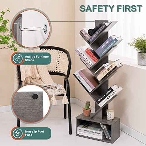 Yoobure Tree Bookshelf - 6 Shelf Retro Floor Standing Bookcase, Tall Wood Book Storage Rack for CDs/Movies/Books, Utilit