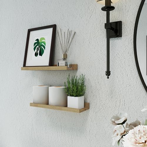 Oak Floating Shelves for Wall Decor, 14 in Shelf with Lip Set of 2