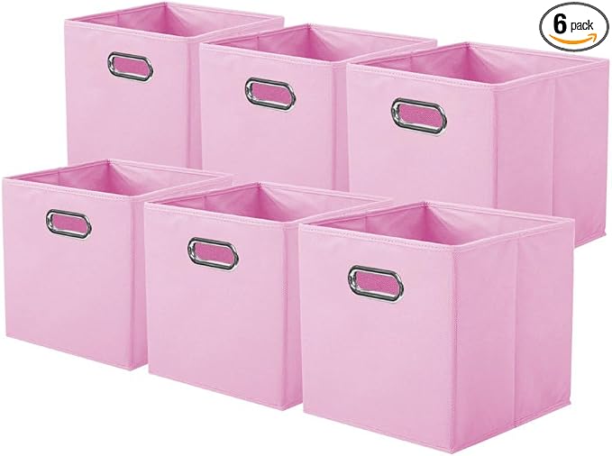 ShellKingdom Storage Bins, Foldable Fabric Storage Cubes And Cloth Storage Organizer Drawer with Metal Handle For Closet And Toys Storage, 11 X 10.5 X 10.5 INCH, 6 Pack (Pink)