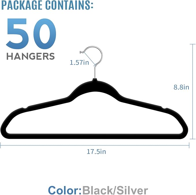 TIMMY 50 Pack Velvet Hangers, Non-Slip Ultra-Thin Space-Saving Suit & Coat Hangers with 360° Silver Swivel Hook - Hold 10 lbs, for Blazers, Dresses & Pants (Black/Silver, 17.7 in)