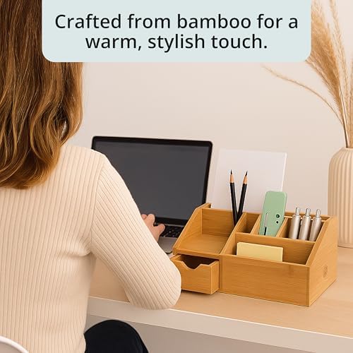 FLYGRUBS Thingles Bamboo Desk Organizer, Wood Pen Holder with Drawer, Storage Box, Pencil Box, Desk Tray for Office, Home Office - Wood Desk Organizer