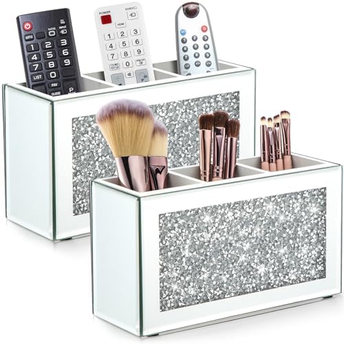 Tanlade 2 Pcs Mirrored Makeup Brush Holder Remote Holder, Mirrored Makeup Organizer with Crushed Diamond Crystals, Vanit