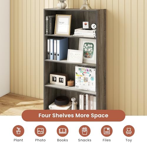 4-Tier Wood Open Bookshelf, Engineered Wood Rustic Book Shelves with 3 Shelves, 9 Inch Deep Small Bookcase for Small Spa