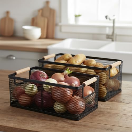 Potato and Onion Storage Baskets with Wood Handles, 2-Set Metal Mesh Bin for Kitchen, Pantry, Countertop, Ventilated Org