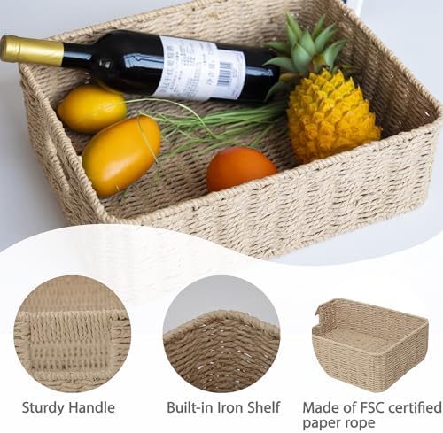Rectangular Woven Paper Rope Storage Baskets for Shelves(Khaki)