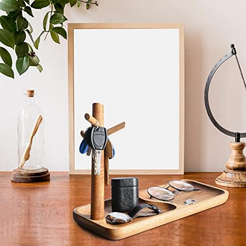 Wood Key Tray for Entryway Table, Jewelry Tray, Catchall Tray with 3 Stand Hanging Organizer, for Rings, Phone, Bracelet