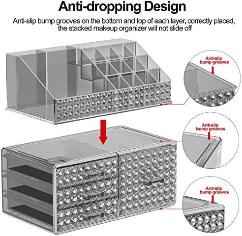 3 Pack Makeup Organizer Stackable[Upgraded], Acrylic Cosmetics Storage Cases with 8 Drawers Perfume Organizers For Brush