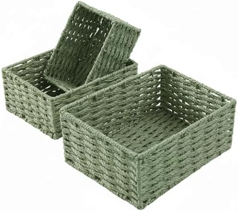Small Wicker Basket for Organizing, Woven Storage Basket Set of 3 - Handwoven Natural Paper Rope Baskets to Declutter An