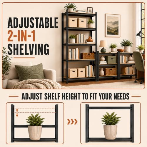 Metal Bookshelf 5 Tier Wood Shelves Steel Bookcase With Guard Rails