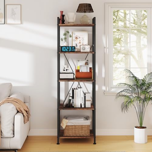 5 Tier Industrial Bookshelf, Storage Organizer, Rustic Brown
