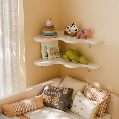 Cute Cloud Corner Shelves - Set of 2 White Wooden Floating Corner Shelves Wall Mounted, 90-Degree Space-Saving Nursery S