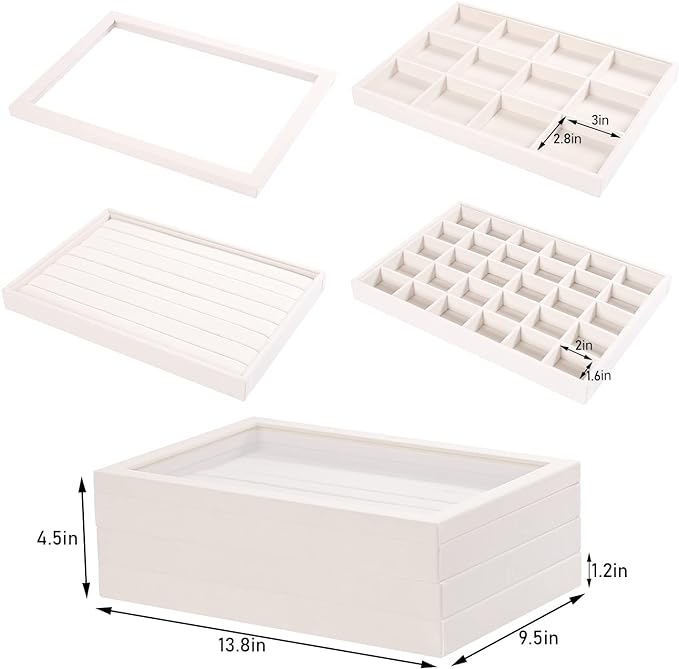 Coward Stackable Jewelry Trays Organizer Set with Clear Lid, Trays for Drawer, Earring Necklace Bracelet Ring Display Organizer (beige(ring+12girds+30girds+The glass lid))