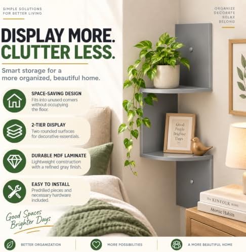 Greenco 2-Tier Corner Shelves, Gray Finish | Floating Wall-Mounted Home Decor Set | Corner Wall Shelf | Living Room, Bed