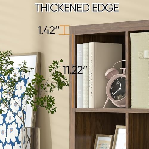 Bookshelf with Storage Bins, 9-Cube Storage Organizer Sturdy Wooden Bookcase Open Book Shelf, Multifunctional Cubicle Ra
