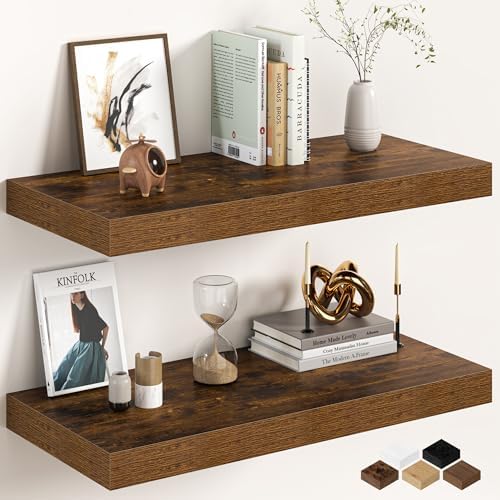 Fun Memories 27.5 Inch Deep Floating Shelves, Set of 2 Heavy Duty Wall Mounted Shelves with Invisible Brackets, Large Ru
