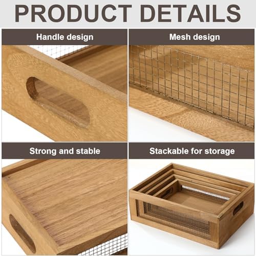 FillTouch 4 Pcs Wooden Nesting Countertop Baskets, Dark Brown, Small