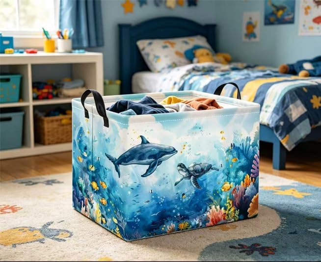 Rectangular Baby Kids Storage Basket for Home Kitchen Girls Cute Toy Storage Bin Organizer Shelf Book Room Decor(Marine Animals)