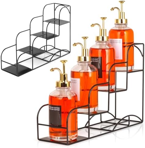 Syrup Rack for Coffee Bar Accessories, Iron 4 Compartment Bottle Organizer, Countertop Display Storage Shelf Bottle Stan
