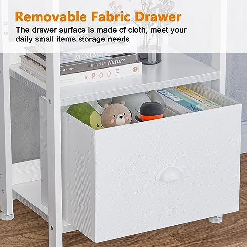 Furologee 5 Tier Bookshelf with Fabric Drawer, Tall Narrow Bookcase, White