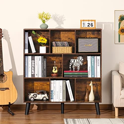 LEYAOYAO 8 Cube Bookshelf, Mid-Century Modern Book Shelf with Legs, Brown