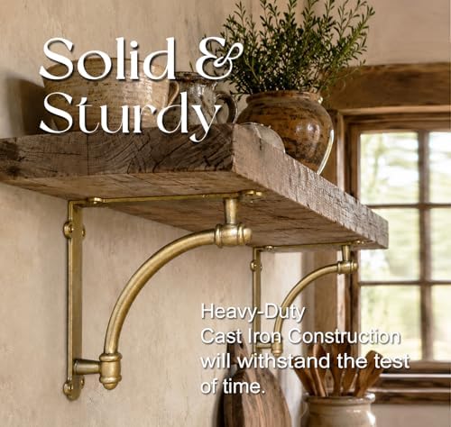 NACH Decorative Shelf Brackets, 2 Pack of 9.6 x 1.7 x 9.6 inch Gold Brackets - Cast Iron Shelf Brackets for Mounting - H