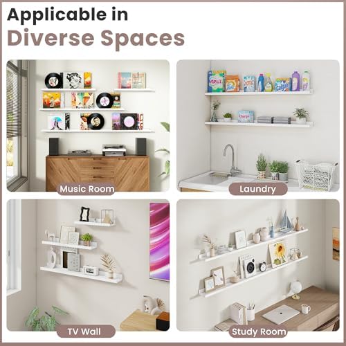 Acovy Floating Shelves for Wall, 24 inch Solid Wood Picture Ledge Shelf, Picture Shelf for Wall with Ledge, Floating Book Shelves for Living Room Bedroom Kitchen Nursery Decor, White, Set of 2