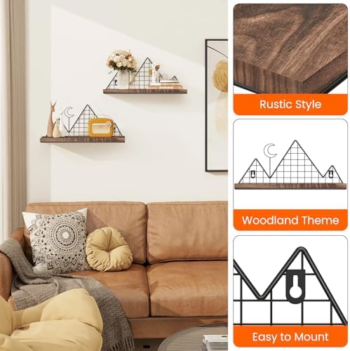 Homode Floating Shelves, Set of 2 Mountain Wall Shelves, Brown and Black