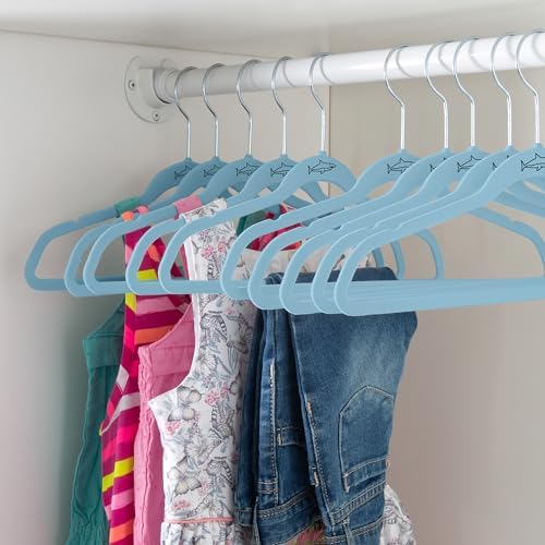 Simplify Kids 100 Pack Velvet Hangers with Shark Icon in Light Blue