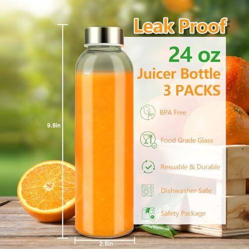 Zukro Glass Water Bottles with Stainless Steel Lids 24 oz, Set of 3