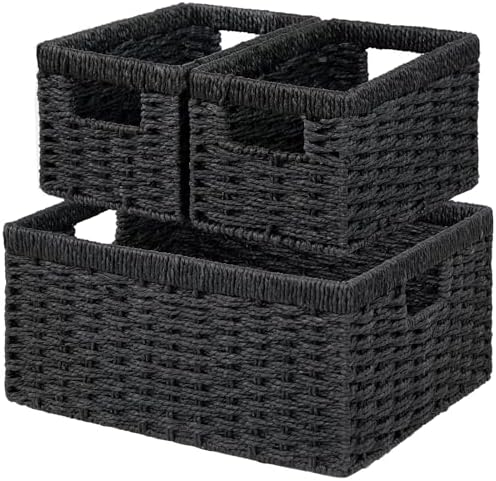 Vagusicc Wicker Storage Basket, Set of 3 Wicker Basket, Hand-Woven Paper Rope Storage Baskets for Organizing, Large Cube