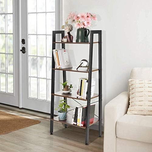 Houssem 4 Tier Ladder Bookshelf Industrial Bookcase Wood Shelves with Metal Frame Unit Display Shelving Rack Storage Org