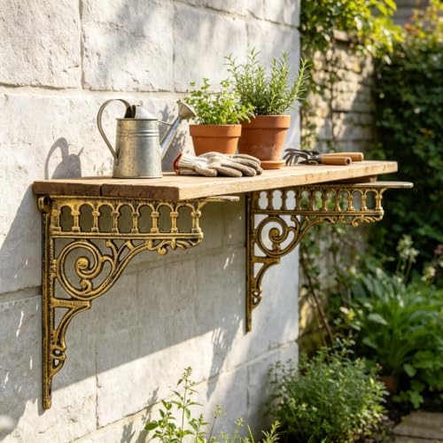 2PCS Cast Iron European Style Wall Shelf Brackets, 10.6in(L) (Gold)