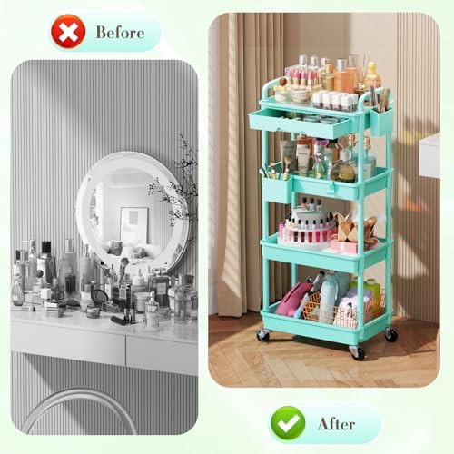 SUNALLY Makeup Cart Organizer with Drawer, 4 Tier Rolling Makeup Cart, Blue