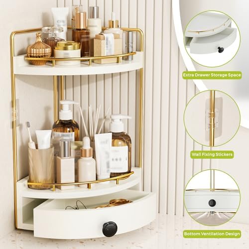 2-Tier Corner Bathroom Counter Organizer with Drawer, White Gold