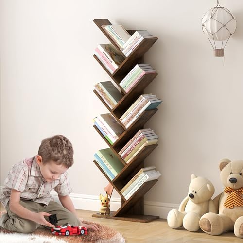 Hoctieon 10 Tier Tree Bookshelf, 10 Shelf Bookcase, Free Standing Tree Bookcase, Display Floor Standing Shelf for Books,