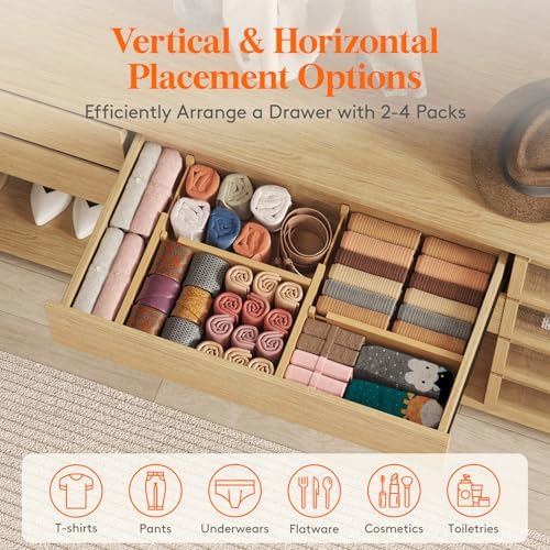 Lifewit 4" High Dresser Drawer Dividers, Adjustable Bamboo Drawer Organizer