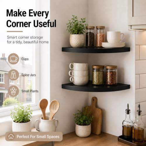 AHDECOR Black Corner Shelves, Modern Floating Corner Shelf for Space-Saving Storage in Bathroom, Bedroom, Kitchen, and M