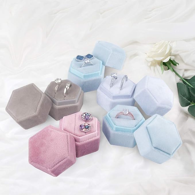 DesignSter Velvet Ring Box Hexagon - Premium Gorgeous Vintage Double Ring Display Holder with Detachable Lid for Proposal, Engagement, Wedding, Ceremony (Pink)