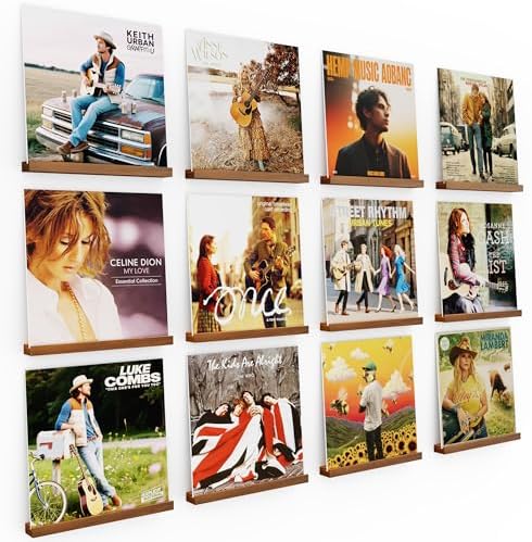 Emfogo Vinyl Record Shelf Wall Mount, 12 Pack Album Record Holder Wall, 12 inch Vinyl Record Storage Shelves Wall, Wood 