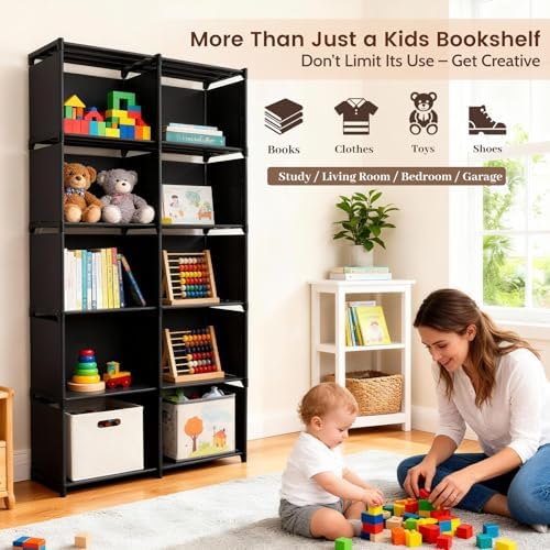 6 Tier Book Shelf, 10-Cube Storage Shelves, Tool-Free Assembly Kids Bookshelf, Bookcase Cube Storage Organizer for Kids 