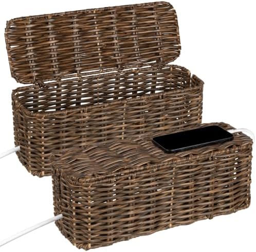 2 Pack Handwoven Cable Management Box with Lid, Decorative Cord Organizer for Power Strips, Chargers, TV Wires, Desk, Ho
