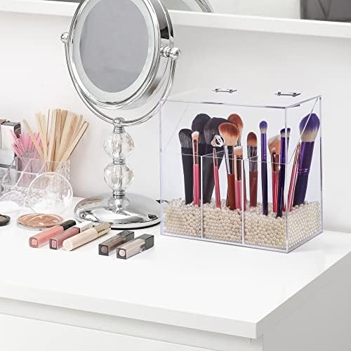 Acrylic Makeup Brush Holder with Lid - Clear Cosmetic Makeup Brush Organizer and Storage Box with Cover for Vanity - Lar