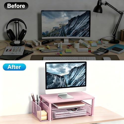 Spacrea Computer Monitor Stand with Drawer and Pen Holder, Pink