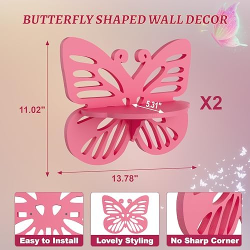 2-Tier Butterfly Wall Shelf - Nursery Decor Pink Floating Corner Shelves, Cute Wall Display Rack Bookshelf for Kid’s Roo