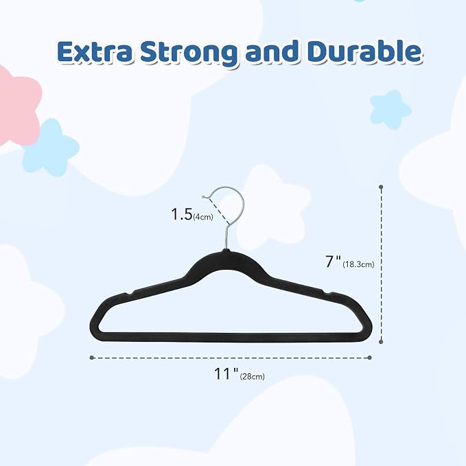 Smartor Premium 11 Inch Baby Hangers 50 Pack, Kids Velvet Hanger, Non Slip | Black Space Saving Felt Hangers Clothes Organizers for Closet with 360° Swivel Hook for Children, Infant & Toddler