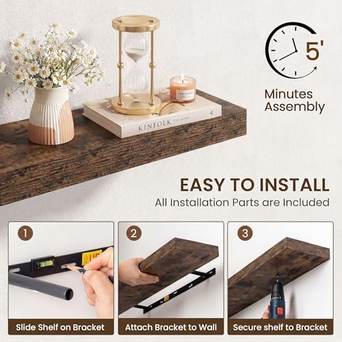 Axeman 55Inch Floating Shelves for Wall, 2 Packs, Invisible Brackets, Brown