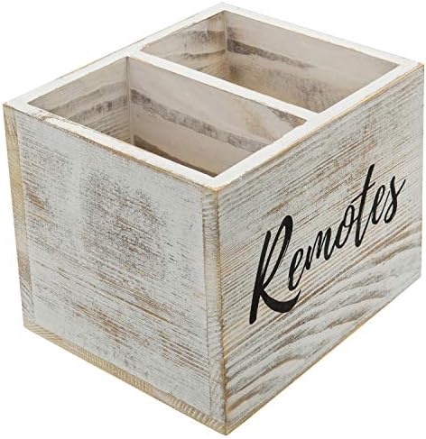 MyGift Remote Control Holder,TV Remote Holder,Wood Remote Caddy for Table,2 Large Compartment,Shabby Whitewashed Solid Wood with Black Cursive Remotes Label