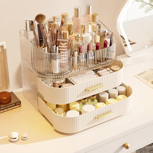 Makeup Organizer with 360 Rotating Brush Holder and Stackable Drawers, Cosmetic Display Case for Vanity, Bathroom Counte